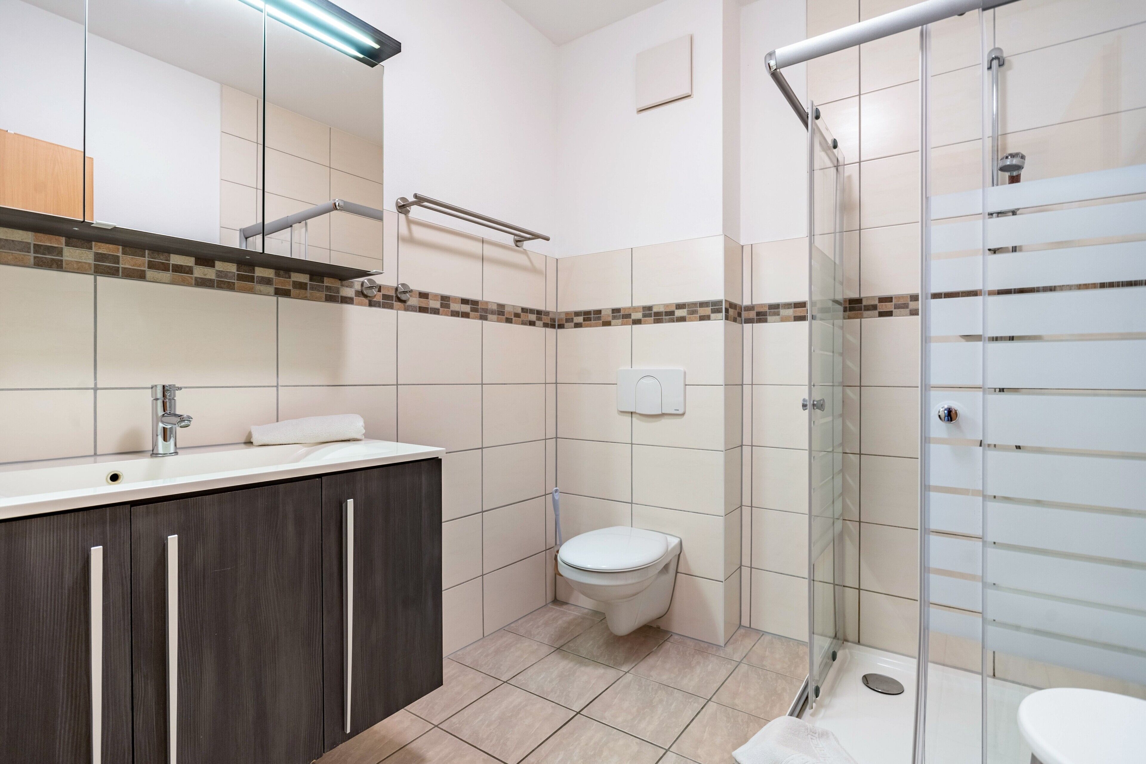 Shower, hair dryer, towels