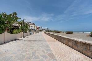 Ein gepflasterter Weg mit Stein- und Ziegelmustern führt zu einem Strand mit einer Steinmauer und Palmen.