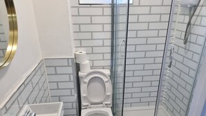Une salle de bain équipée de toilettes, d’un lavabo et d’une douche fermée par une paroi de verre.