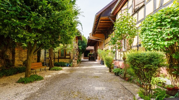A narrow gravel path flanked by buildings with wooden facades and greenery. - Gite Geranium – La Cour de J'Anne in the Heart of Old Schiltigheim (Schiltigheim)