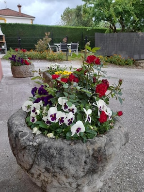 A garden with a stone planter bed containing a variety of flowers.