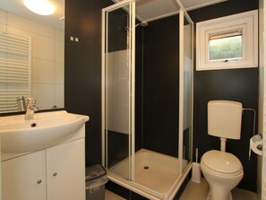 A bathroom with a glass-enclosed shower, a toilet, and a sink with a mirror. - Velthorst Sauna 4 (Brunssum)