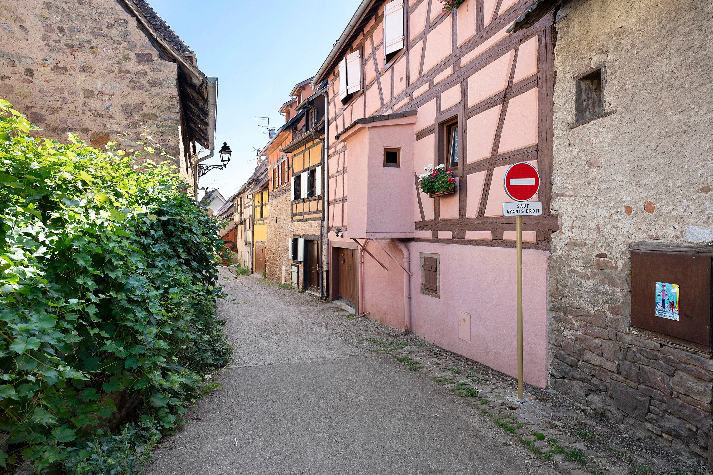 Une ruelle étroite bordée de bâtiments traditionnels à colombages, un panneau indiquant l’interdiction d’accès et une petite plaque avec du texte.