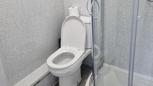 Ein modernes Badezimmer mit Toilette, Duschkabine und Glastür.