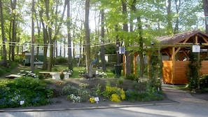 A rustic wooden cabin with a sloped roof, surrounded by a garden with various plants and flowers. - Apartment for 2 Guests (55 m²) in Baabe (Baabe)