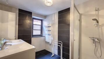 Shower, hair dryer, towels