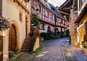 Una calle adoquinada flanqueada por edificios tradicionales con entramado de madera, puertas arqueadas y macetas con flores.