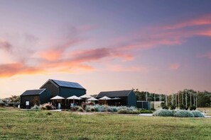 A modern building with a large roof, outdoor seating area, and a grassy field. - 'Eclipse' at Small Batch (Budgee Budgee)