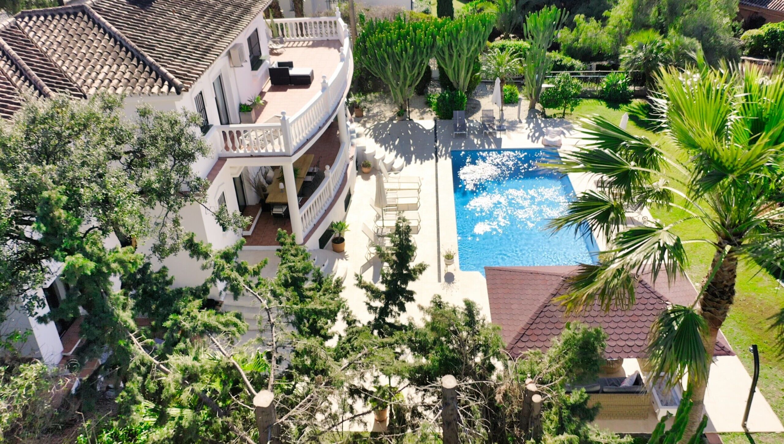 A pool surrounded by lush greenery, a white building with a balcony, and a tiled roof.