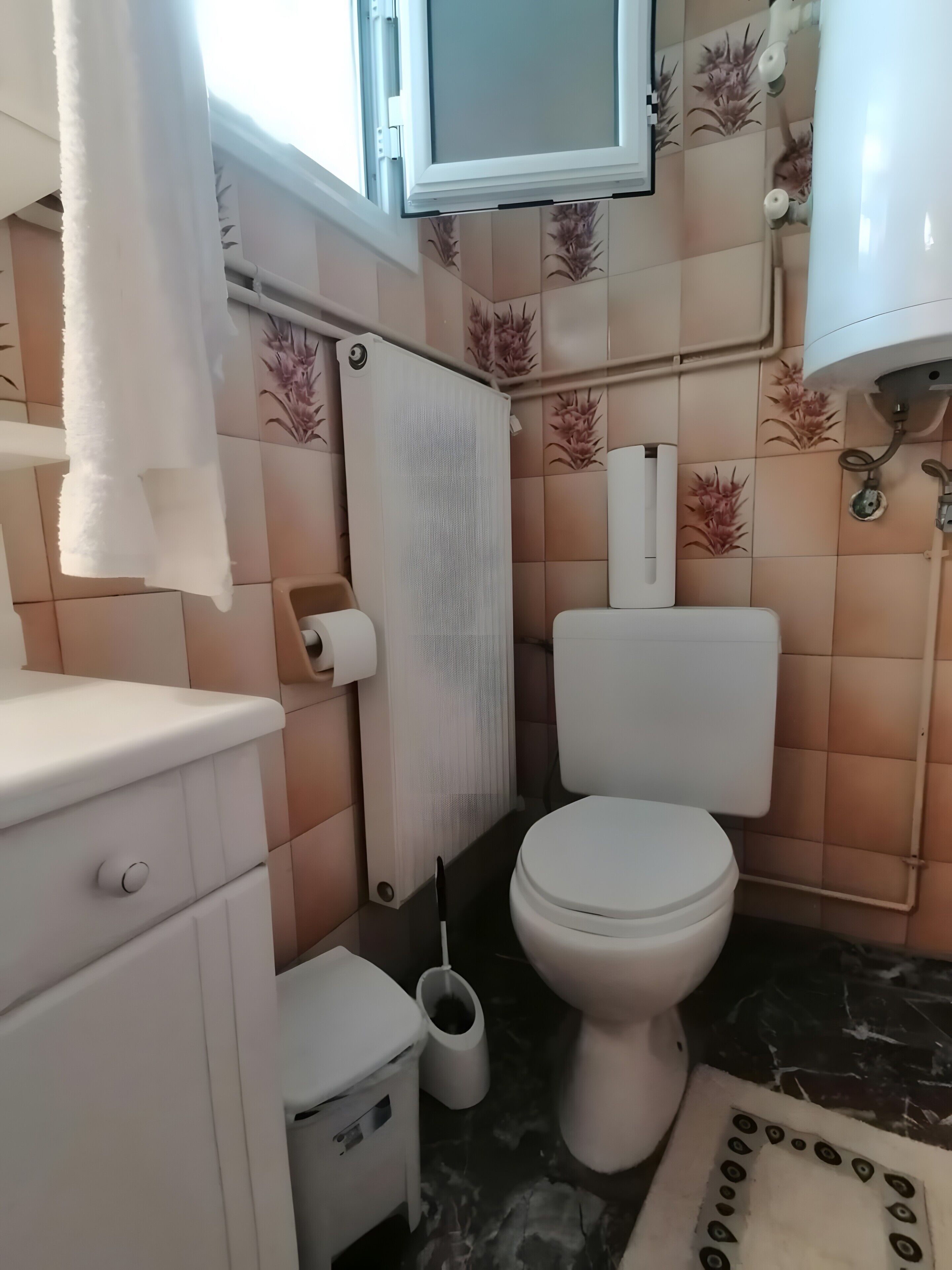 Un baño con inodoro, toallero, un pequeño cubo de basura y cabezal de ducha.