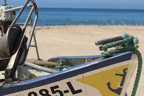 A boat with a blue and yellow hull, marked with the number 885-L, anchored near a sandy beach with the ocean in the background.