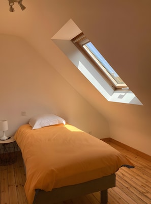Un dormitorio con techo inclinado, tragaluz, cama con almohada blanca, mesita de noche con lámpara y suelo de madera.