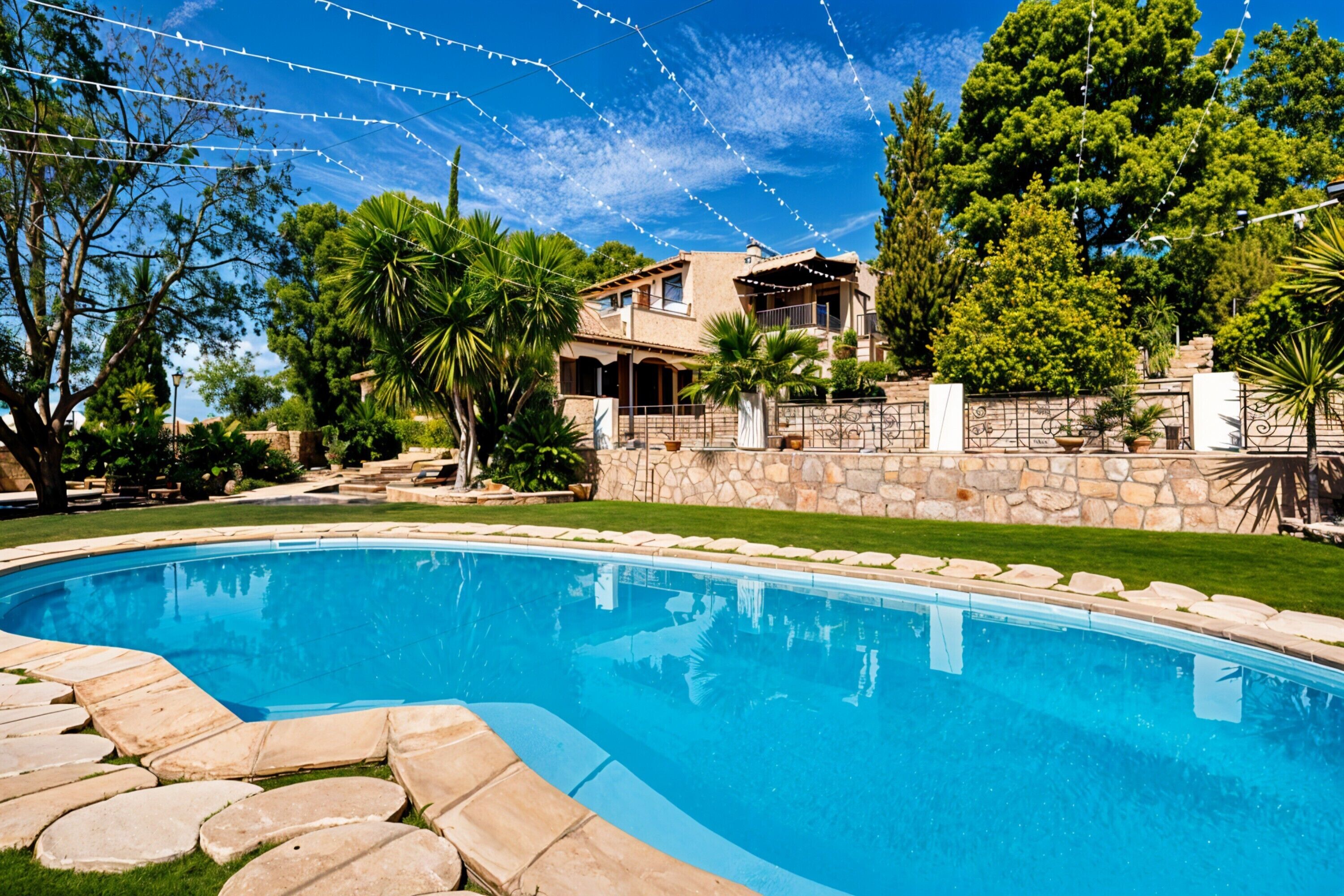 Una piscina con escalones de piedra que la conducen, rodeada de un muro de piedra y vegetación.