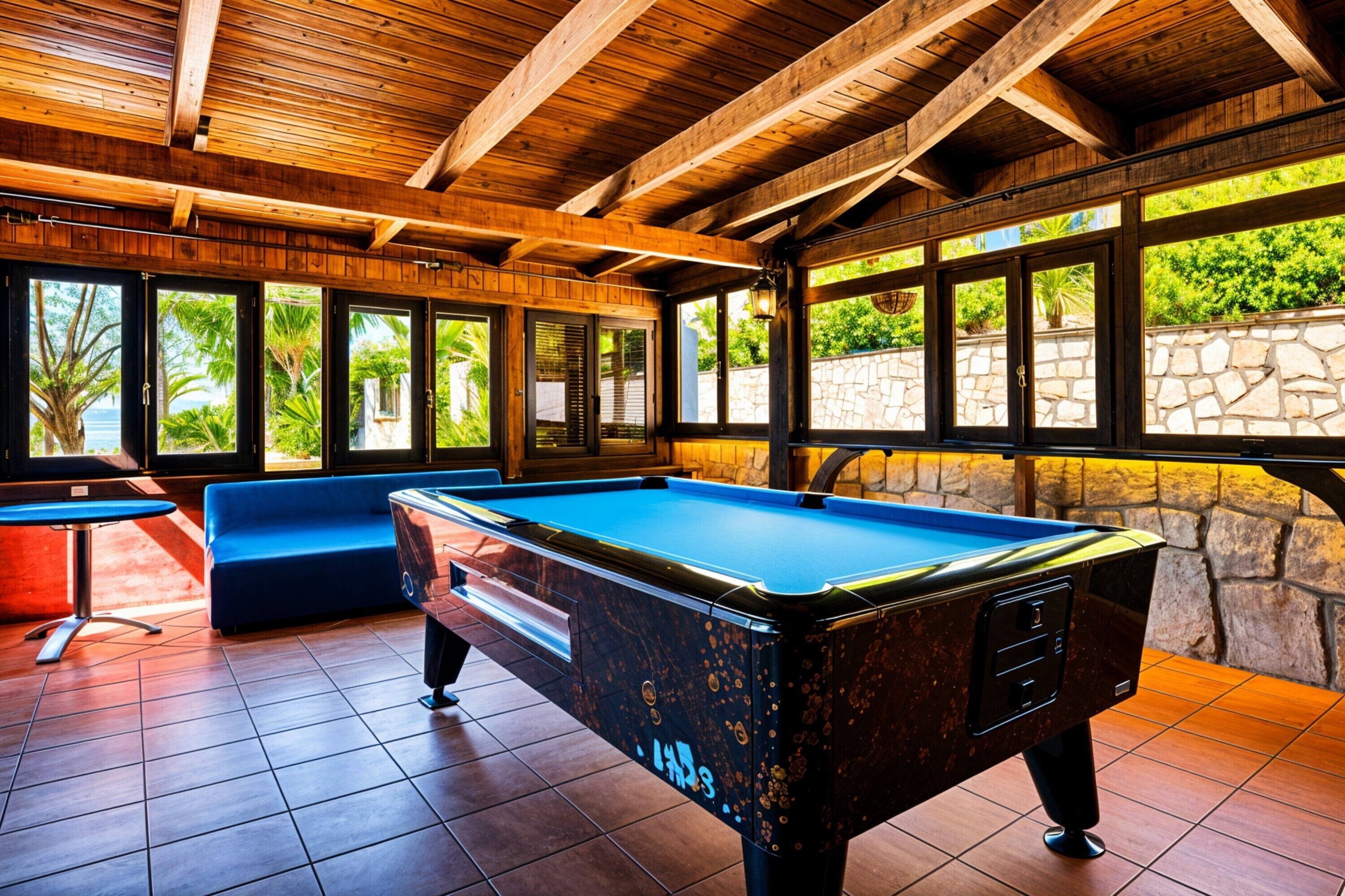 Une table de billard dans une pièce avec un mur en pierre et des poutres en bois.