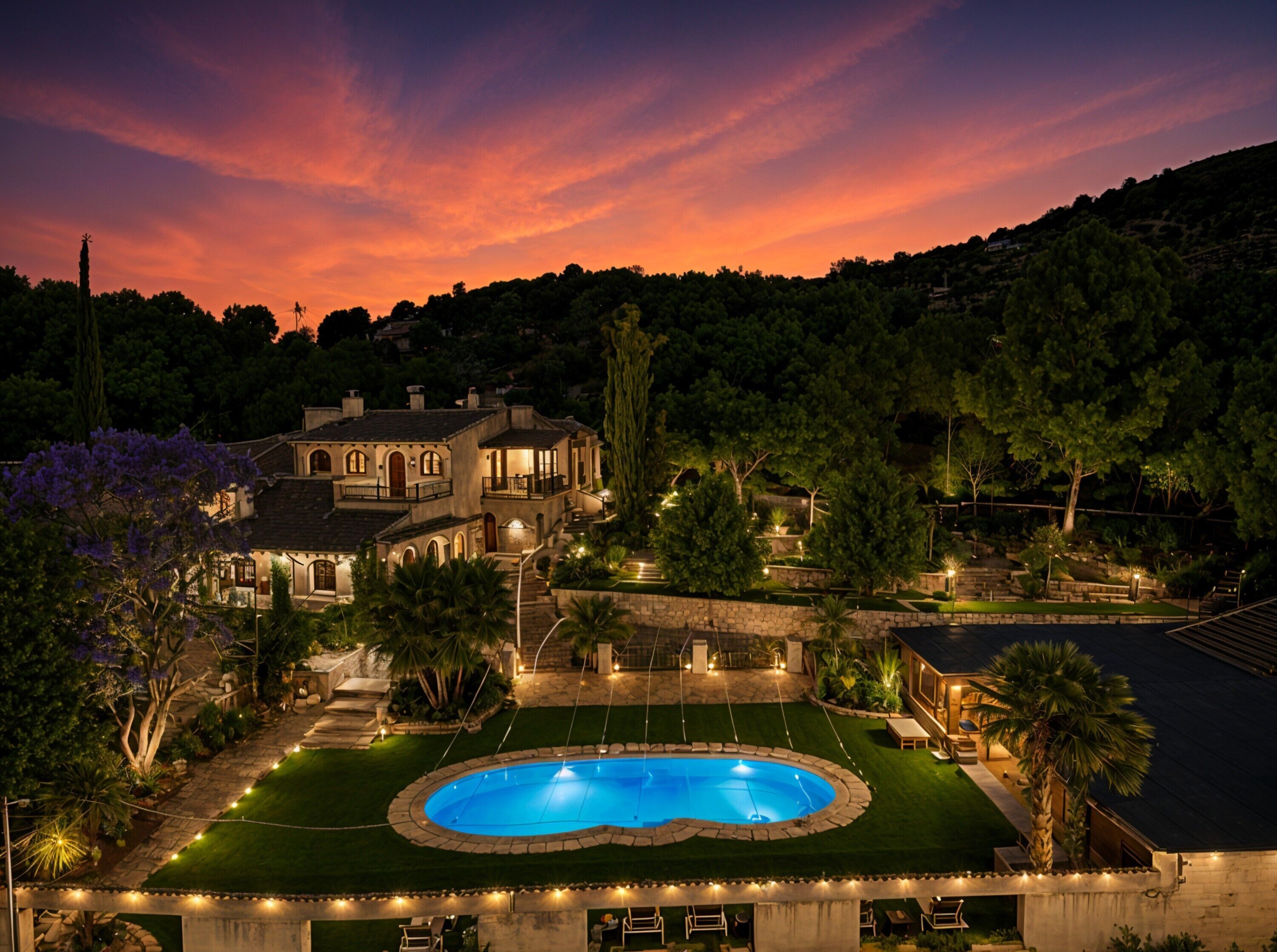 A large house with a swimming pool, surrounded by a well-maintained lawn and trees.
