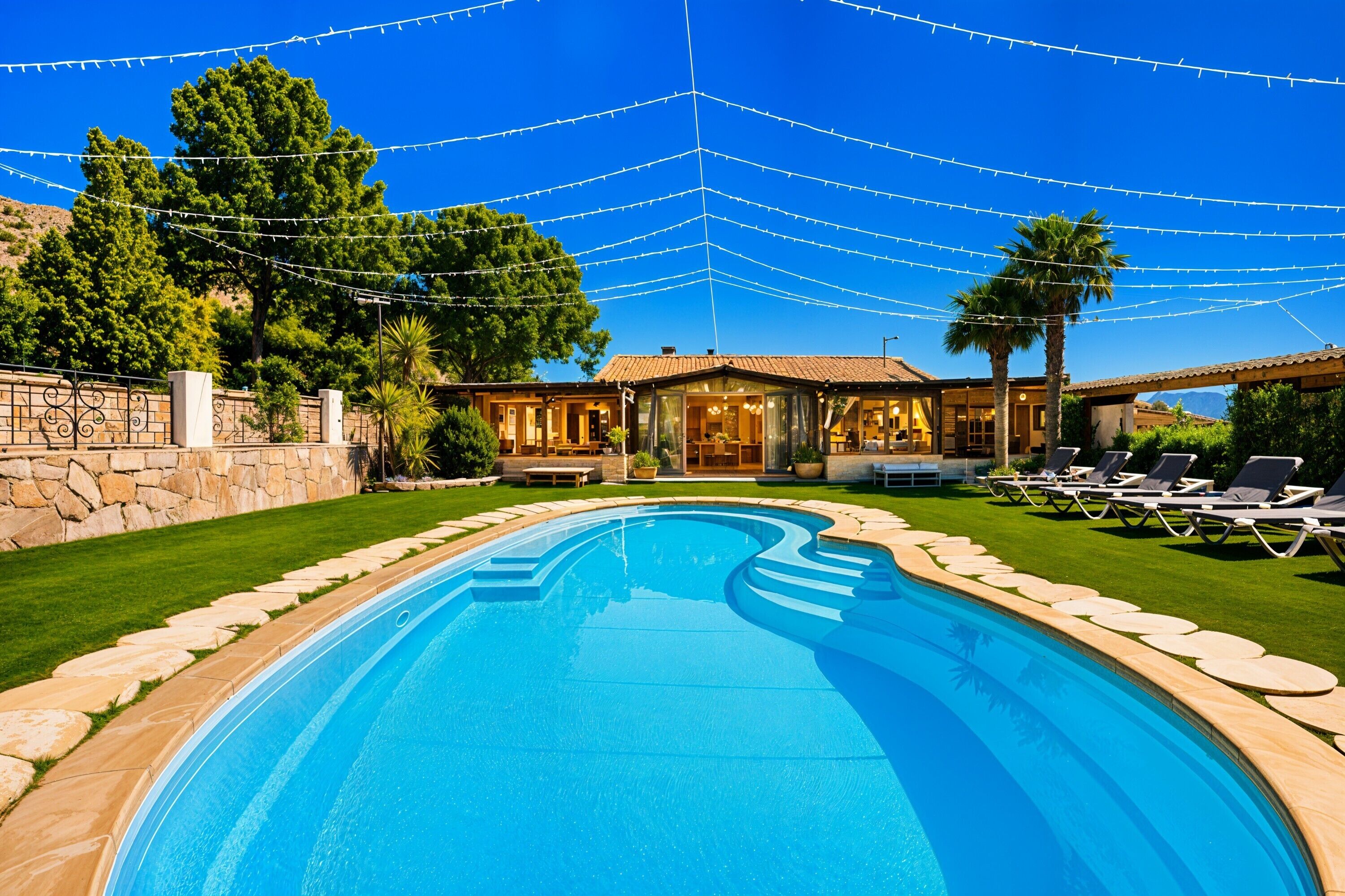 Une piscine au design incurvé, entourée d’un mur de pierre et bordée d’une pelouse bien entretenue.