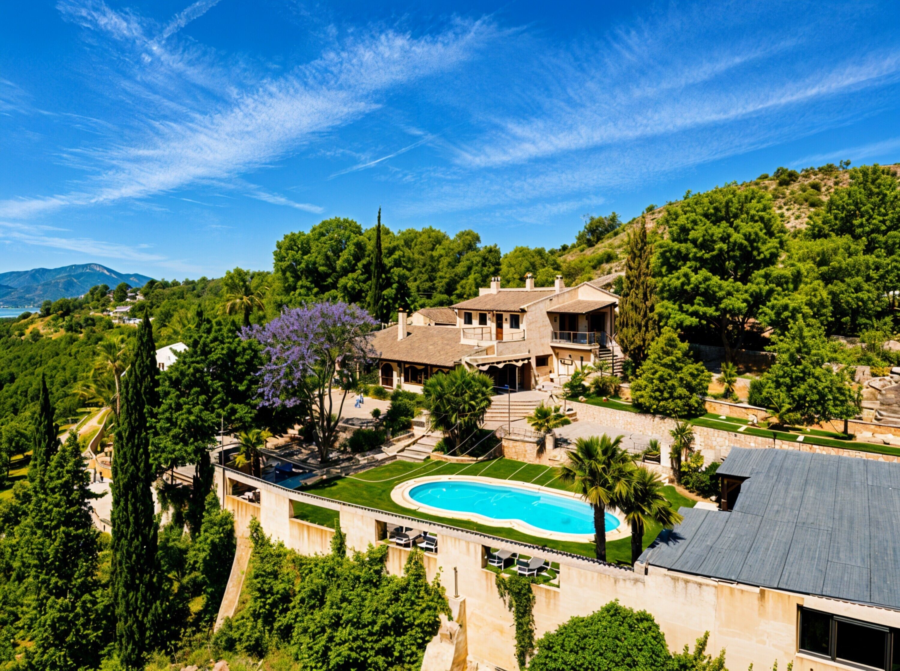 A large house with a swimming pool, surrounded by lush greenery and trees.