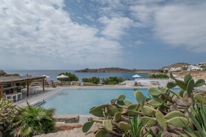 Zona de piscina con vista al mar, rodeada de cactus y una pérgola de madera.