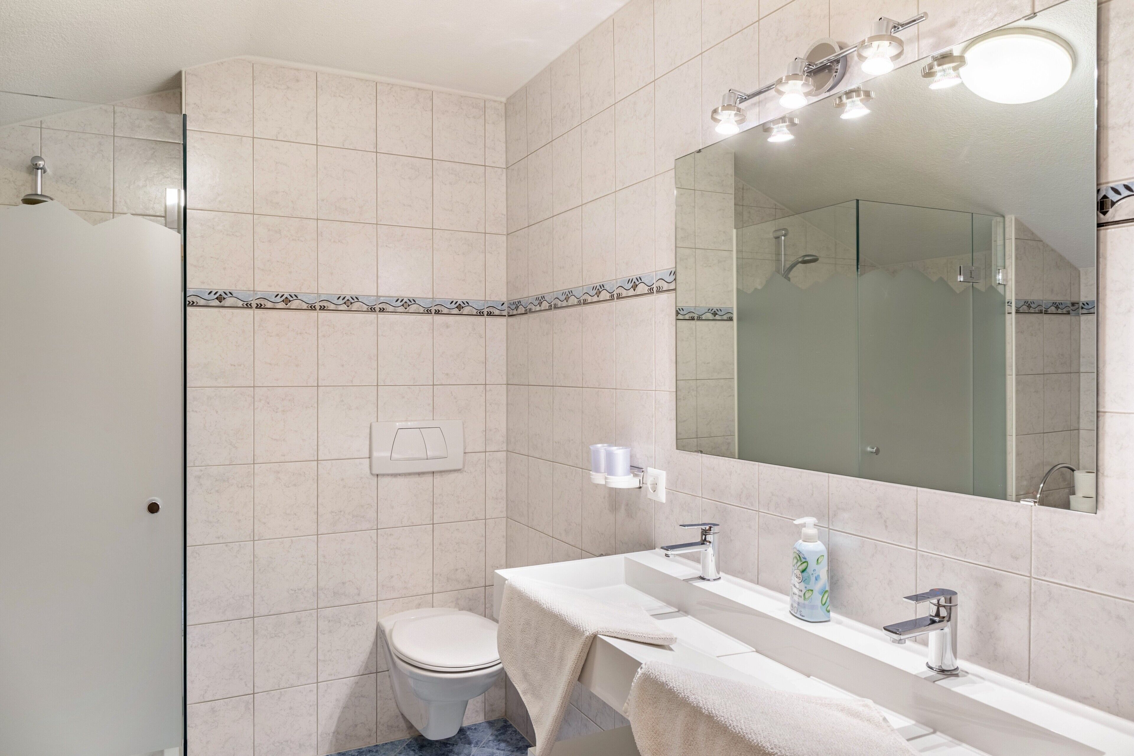 Een badkamer met toilet, wastafel en douche.