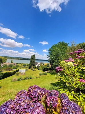 Ein Garten mit Teich, Bäumen und einem Haus im Hintergrund.