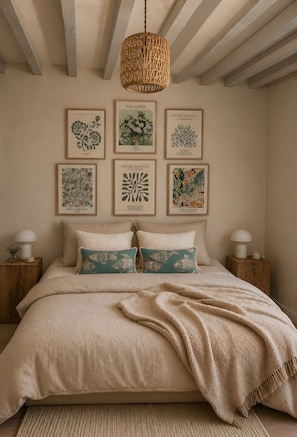 Een slaapkamer met een bed, een hangende rotanlamp en botanische prints in een lijst op de muur.