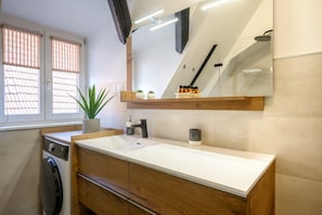 Shower, hair dryer, towels