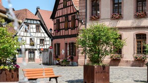 A cobblestone square with a bench, a wooden planter with 'Berghain' text, and traditional half-timbered buildings. - Loft Bariga Apartment – Between Vineyards and Ramparts (Bergheim)