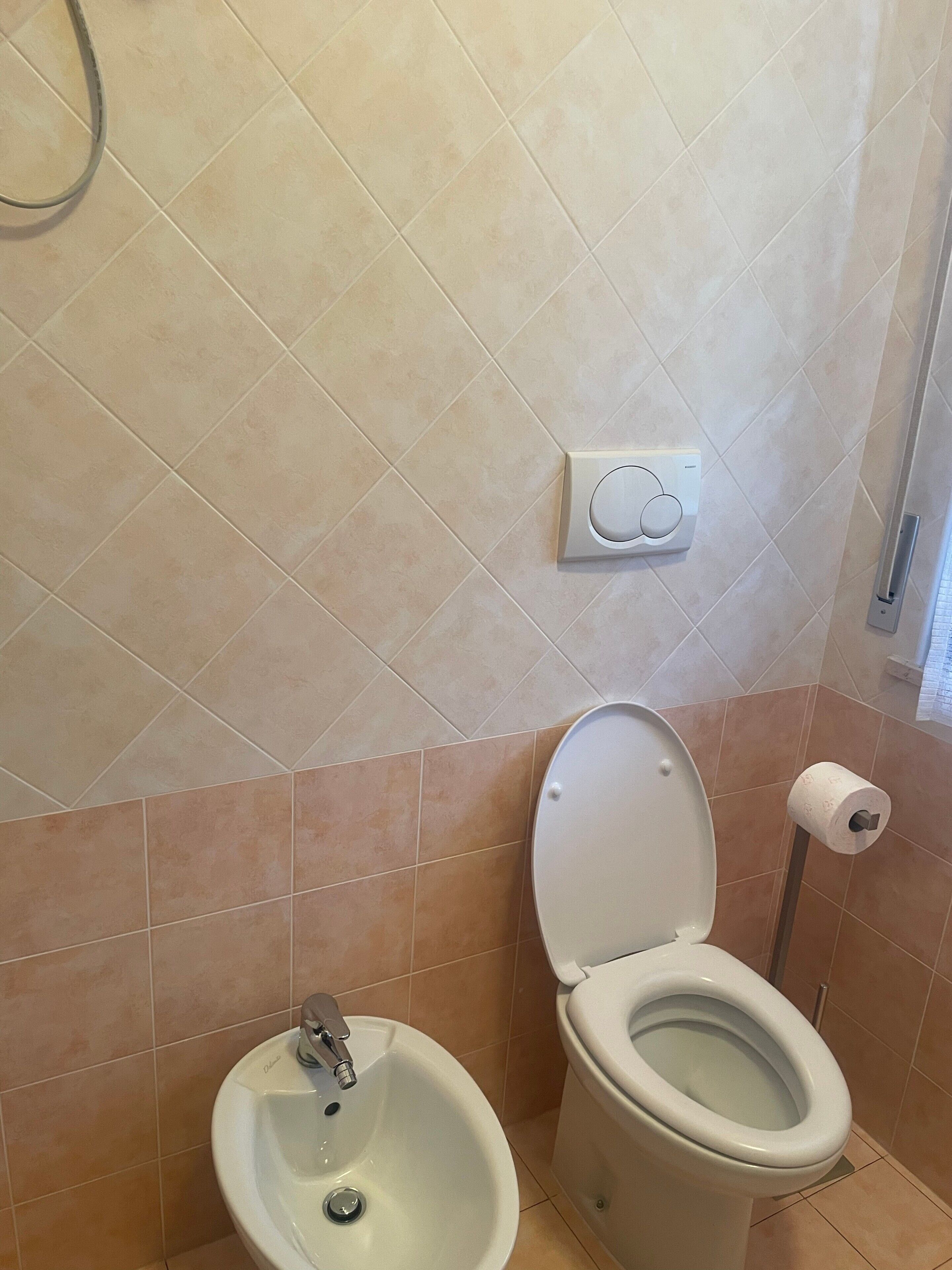 Un bagno con bidet, wc e porta carta igienica fissato alla parete.