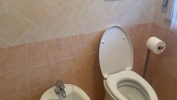 Un bagno con bidet, wc e porta carta igienica fissato alla parete.