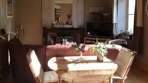 A living room with a sofa, a dining table, a TV, and a fireplace.