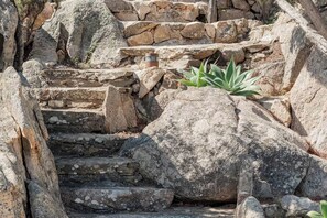 A stone staircase surrounded by large rocks and a small potted plant. - Villa Ninfea - sea view and relax (Aldia Bianca)