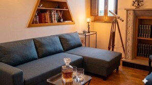 En stue med sofa, bogreol, kikkert og pejs.