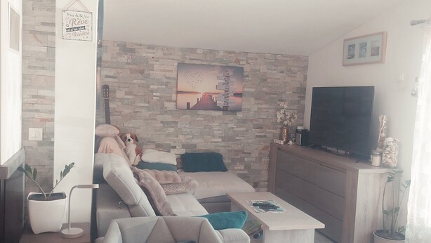 Un salon avec un canapé, une table basse, un téléviseur et un mur en pierre.