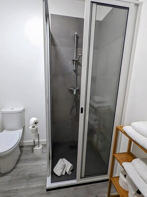 Un baño moderno con ducha envuelta en vidrio, inodoro y perchero.