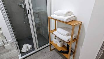 Shower, hair dryer, towels