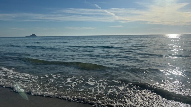 Uma praia com ondas, uma ilha distante e céu claro.