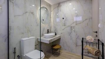 Shower, hair dryer, towels