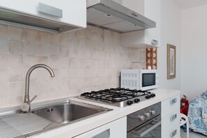 Eine kompakte Küche mit Spüle aus Edelstahl, einem Gasherd, einer Mikrowelle und einem kleinen Backofen.