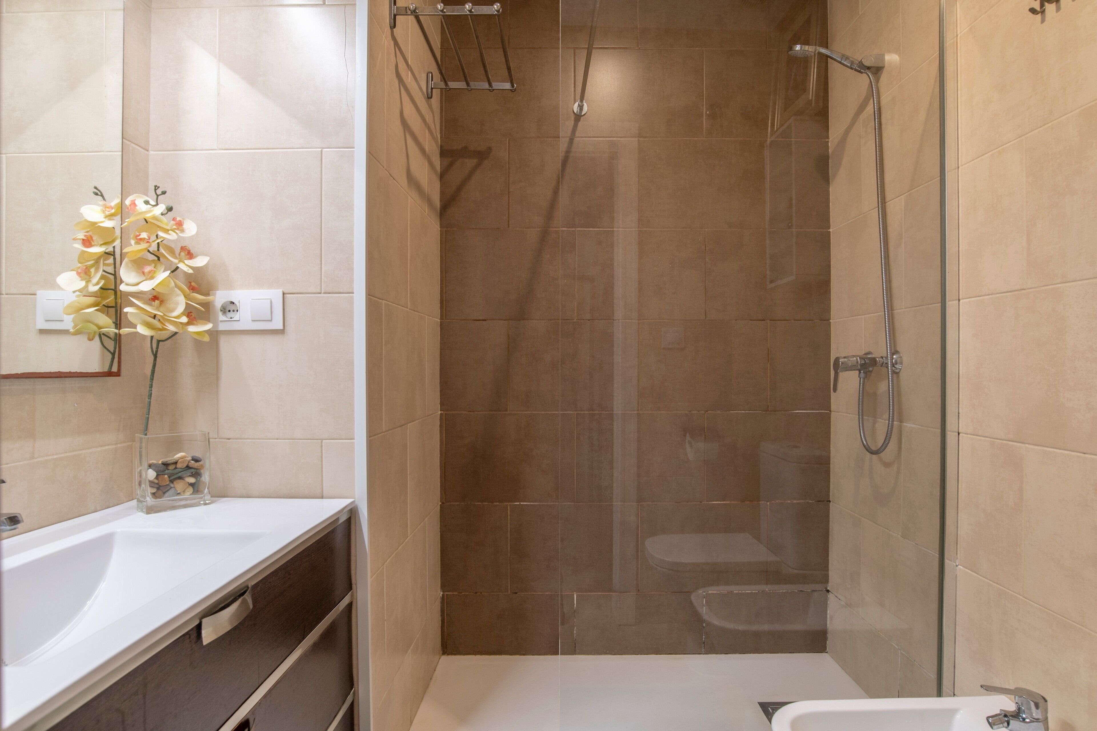 Shower, hair dryer, towels
