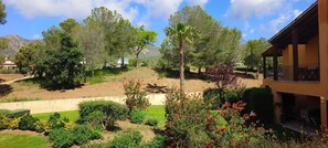 A residential area with a house, a garden with various plants, a palm tree, and a mountain in the background. - Apartment 'En Bonmont Terres Noves' with Pool and Air Conditioning (Mont-roig del Camp)