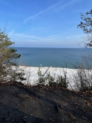 A coastal view with a clear sky, a sandy beach, and sparse vegetation. - Apartment 'Haus Sonnenschein' with Shared Terrace and Wi-Fi (Koserow)