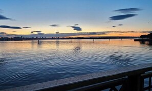 Ruhiges Ufer mit klarem Himmel und weiter Skyline der Stadt im Hintergrund.