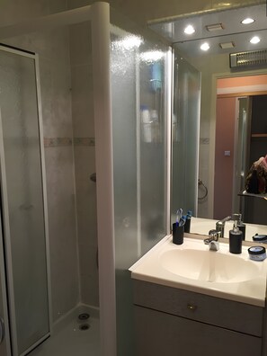 A bathroom with a glass shower enclosure, a white sink with a mirror, and toiletries.