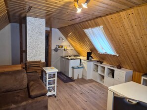A cozy loft-style room with a kitchenette, wooden ceiling, and a window with curtains.