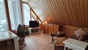 Tunnelmallinen huone, jossa on puinen katto, jalustalla oleva televisio, sohva, pöytä ja kirjahylly.
