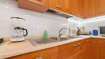 Fridge, microwave, electric kettle