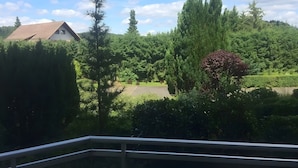 Ein Wohngebiet mit einem Haus, einer gepflasterten Auffahrt und üppigem Grün, darunter Bäume und Sträucher.