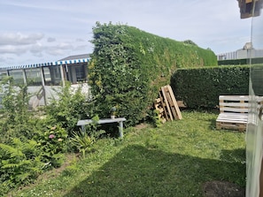 A garden with a variety of plants, a wooden bench, and a pile of wooden planks.