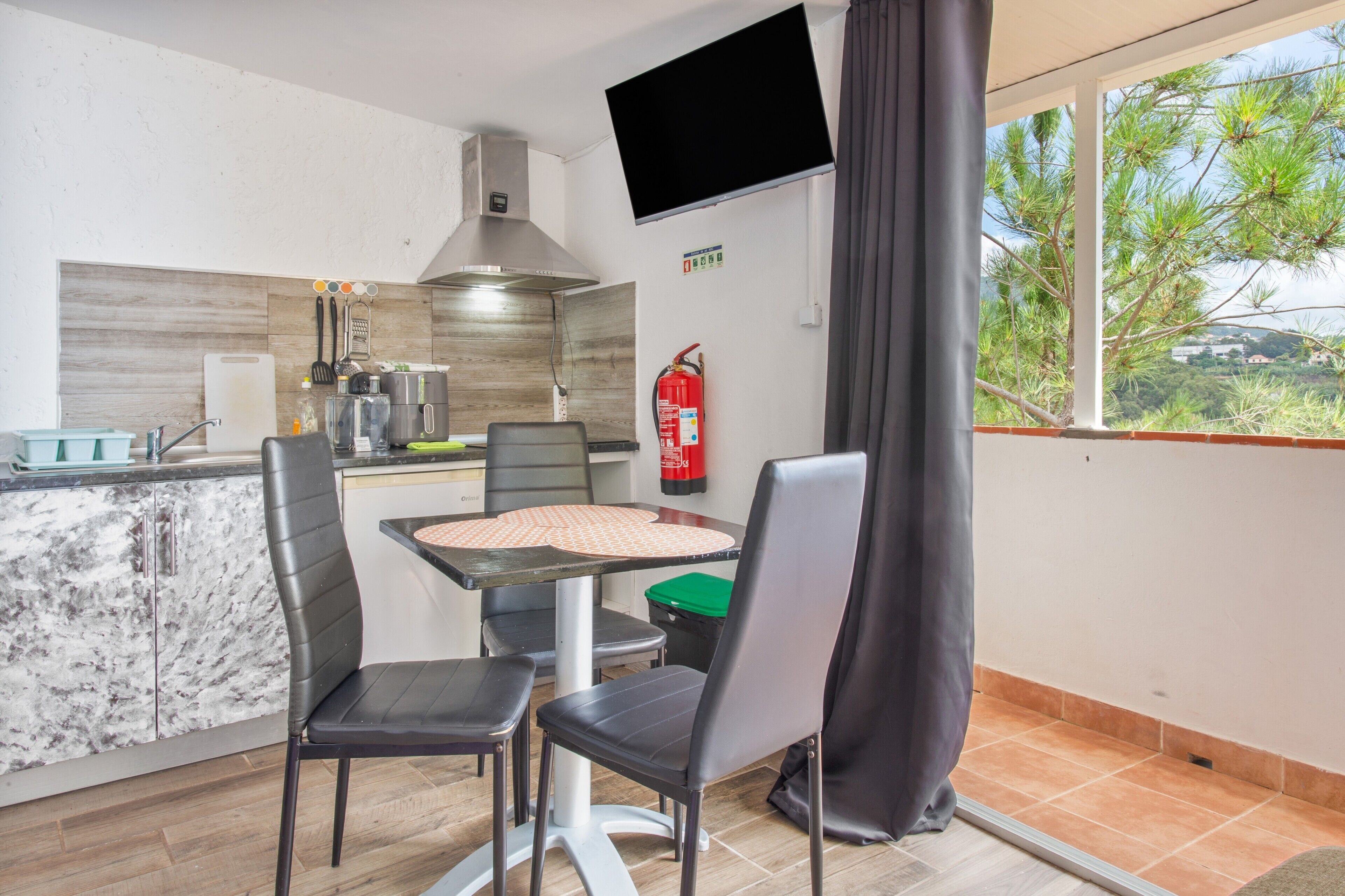 Een kleine kitchenette met een kookplaat, spoelbak en een flatscreen televisie aan de muur.