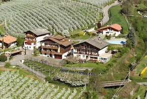 A residential area with multiple houses, a swimming pool, and a solar panel array. - Apartment “Zielspitze Residence Spisshof” with Mountain View, Shared Pool and Wi-Fi (Algund)